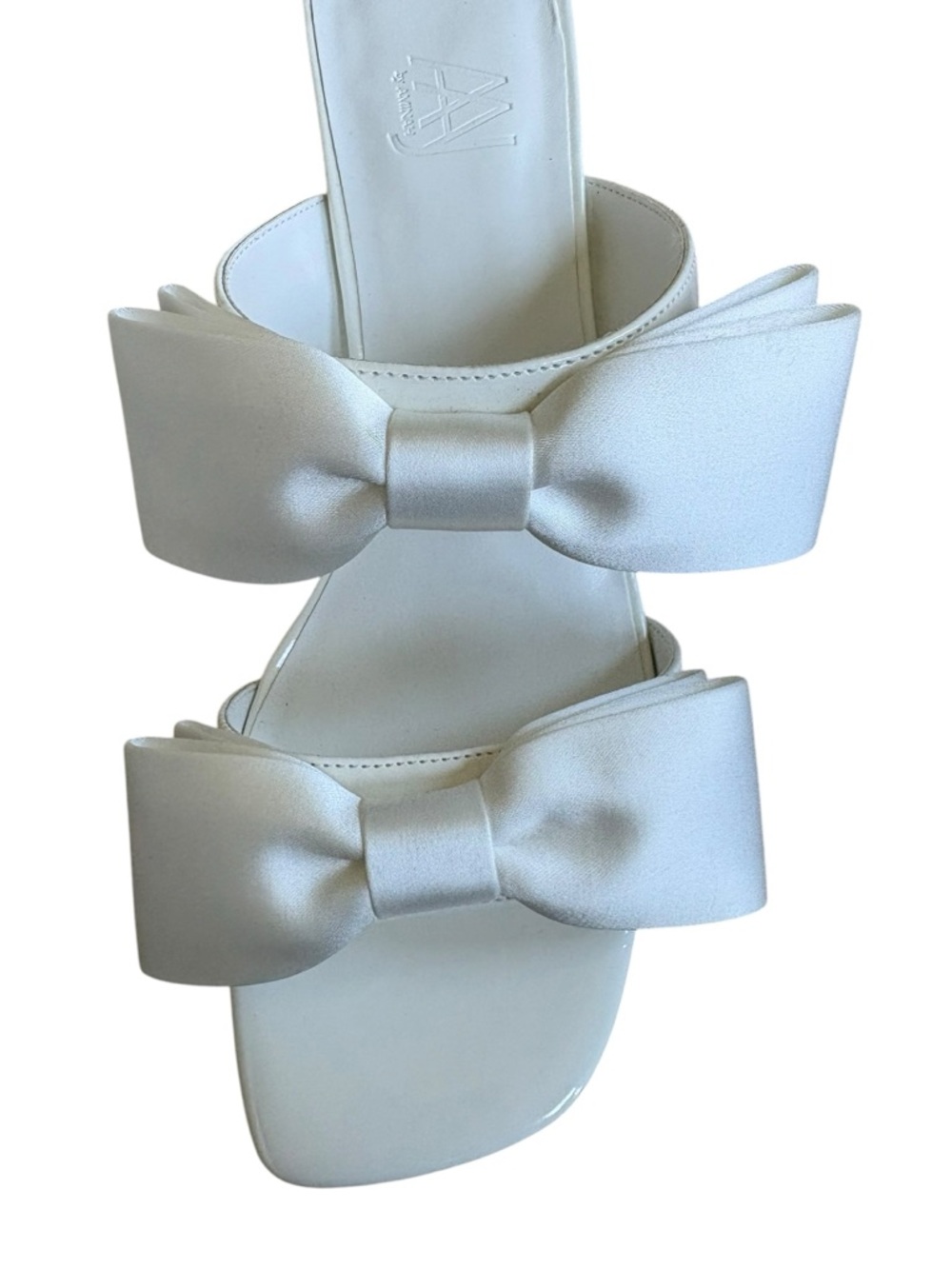 Satin Bow Mule Heels in White - Elegant Women's Slide - Picture 3 of 8
